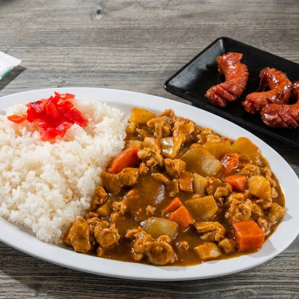 Plate of white rice with vegetable chicken curry, red pickled garnish, and glazed sausage pieces on a wooden table.